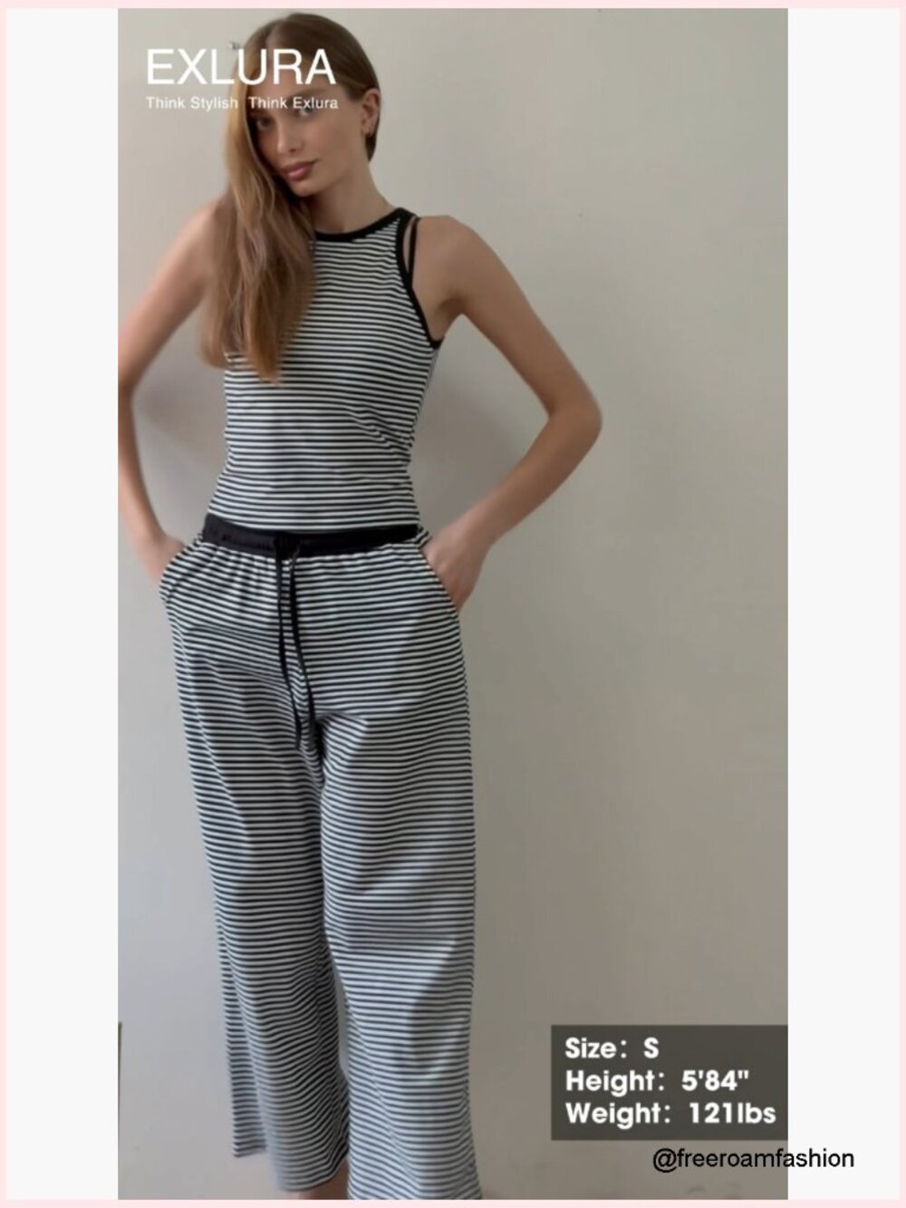 Cotton Summer 2 Piece Outfits Striped Halter Tops Wide Leg Pant Sets Lounge - Picture 7 of 7